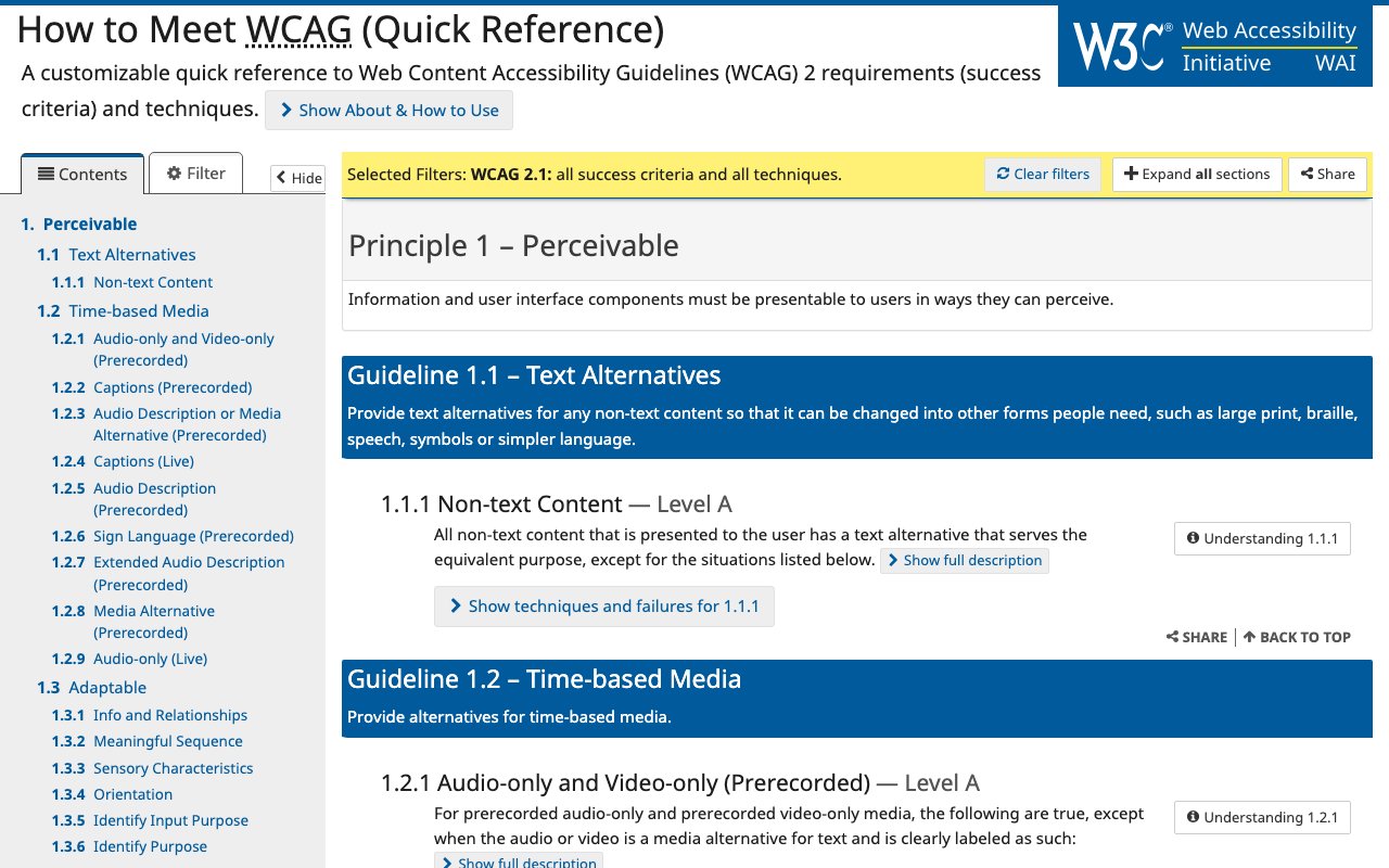 WCAG Guidelines: Official accessibility quick reference